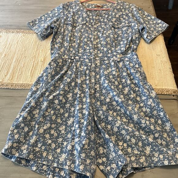 Vtg Gloria Vanderbilt Blue White Floral Denim Romper Button Front Zip Fly Sz 1X - Picture 1 of 11